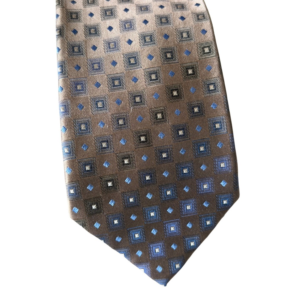 Pronto Uomo Couture Silk Tie Brown Blue Geometric Square Pattern Mens Necktie